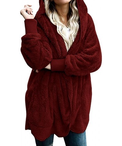 Fashion Outwear for Women Oversized Long Sherpa Coat Fuzzy Fleece Open Front Hooded Cardigan Jacket Faux Fur Outfit 02 Wine -...