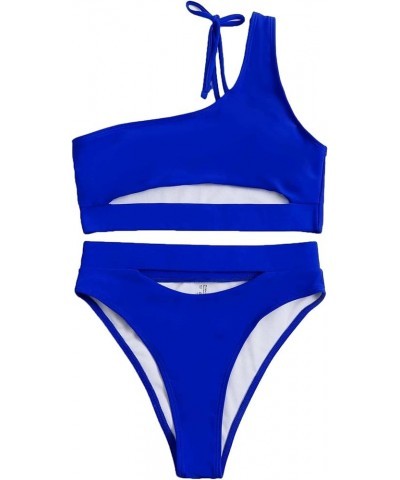 Sexy Cutout One Shoulder Bikini Swimsuit Set for Women Brazilian Bathing Suit 2 Piece One Shoulder Royal Blue $8.84 Swimsuits