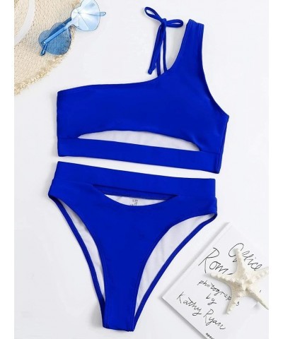 Sexy Cutout One Shoulder Bikini Swimsuit Set for Women Brazilian Bathing Suit 2 Piece One Shoulder Royal Blue $8.84 Swimsuits