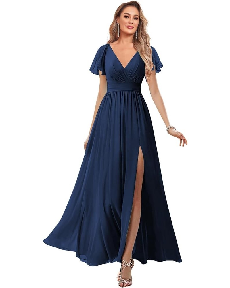 Chiffon Bridesmaid Dresses for Wedding Flutter Sleeve Long V Neck Pleated Formal Gown with Pockets Navy Blue $25.85 Dresses