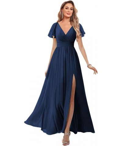 Chiffon Bridesmaid Dresses for Wedding Flutter Sleeve Long V Neck Pleated Formal Gown with Pockets Navy Blue $25.85 Dresses