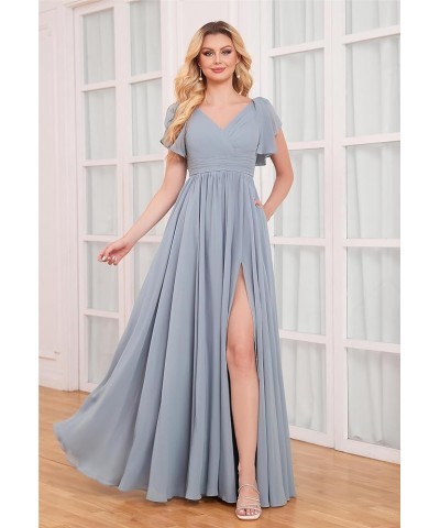 Chiffon Bridesmaid Dresses for Wedding Flutter Sleeve Long V Neck Pleated Formal Gown with Pockets Navy Blue $25.85 Dresses