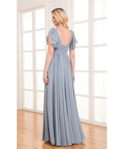 Chiffon Bridesmaid Dresses for Wedding Flutter Sleeve Long V Neck Pleated Formal Gown with Pockets Navy Blue $25.85 Dresses