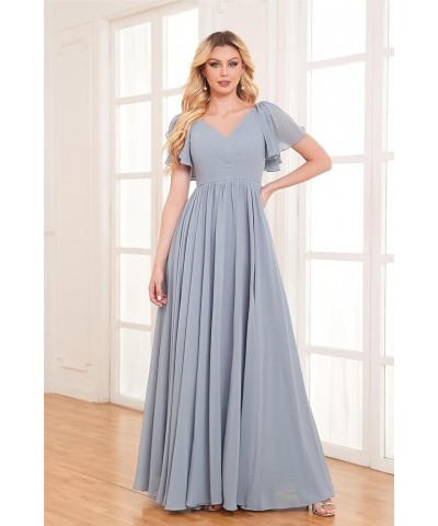 Chiffon Bridesmaid Dresses for Wedding Flutter Sleeve Long V Neck Pleated Formal Gown with Pockets Navy Blue $25.85 Dresses