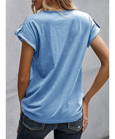 V Neck T Shirts for Women Henley Tees Tunic Tops Loose Casual Button Up Short Rolled Sleeve Solid Blouse Blue $11.70 Tops