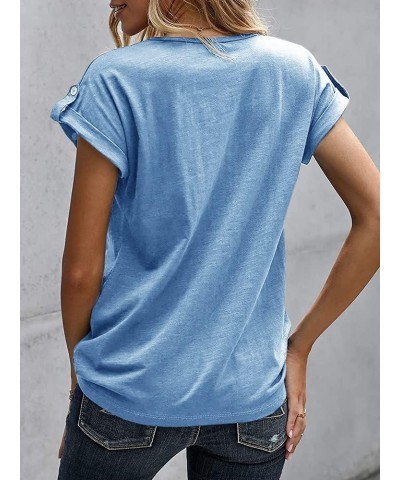 V Neck T Shirts for Women Henley Tees Tunic Tops Loose Casual Button Up Short Rolled Sleeve Solid Blouse Blue $11.70 Tops