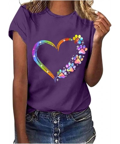 Paw Love Shirt Dog Lover T-Shirts for Women Paw Print Heart Tee Shirt Cute Dog Mom Short Sleeve Crewneck Loose Blouses Purple...