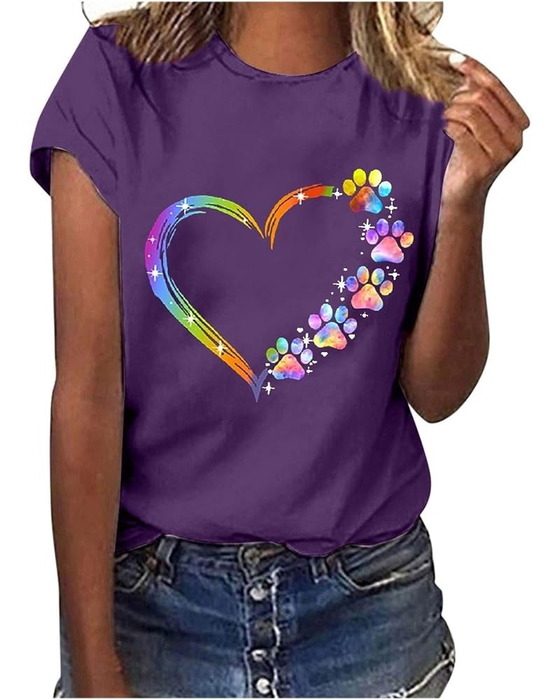 Paw Love Shirt Dog Lover T-Shirts for Women Paw Print Heart Tee Shirt Cute Dog Mom Short Sleeve Crewneck Loose Blouses Purple...