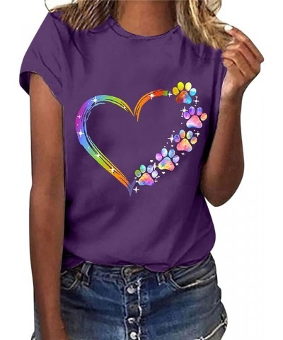 Paw Love Shirt Dog Lover T-Shirts for Women Paw Print Heart Tee Shirt Cute Dog Mom Short Sleeve Crewneck Loose Blouses Purple...