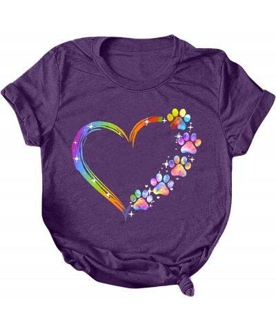 Paw Love Shirt Dog Lover T-Shirts for Women Paw Print Heart Tee Shirt Cute Dog Mom Short Sleeve Crewneck Loose Blouses Purple...