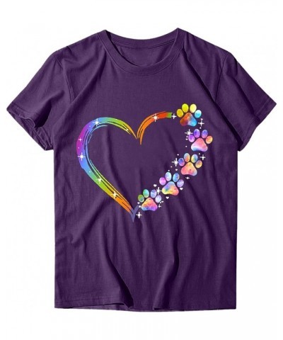 Paw Love Shirt Dog Lover T-Shirts for Women Paw Print Heart Tee Shirt Cute Dog Mom Short Sleeve Crewneck Loose Blouses Purple...