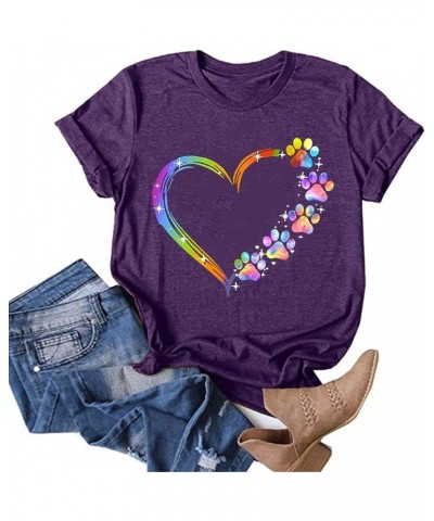 Paw Love Shirt Dog Lover T-Shirts for Women Paw Print Heart Tee Shirt Cute Dog Mom Short Sleeve Crewneck Loose Blouses Purple...