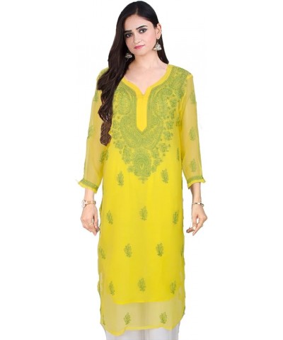 Holi Special Eid Gifts,Lucknow Chikankari Faux Georgettte Semi Transparent Kurti Kurta for Women (K161) Yellow-223 $27.50 Tops