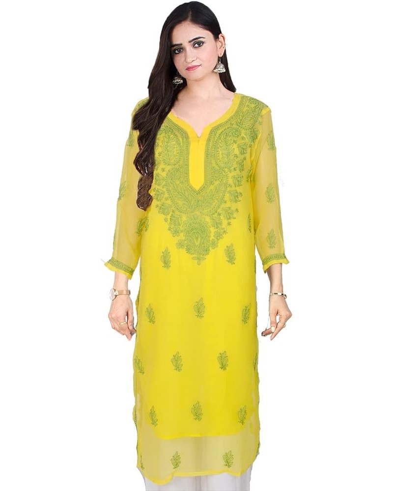 Holi Special Eid Gifts,Lucknow Chikankari Faux Georgettte Semi Transparent Kurti Kurta for Women (K161) Yellow-223 $27.50 Tops