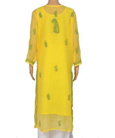 Holi Special Eid Gifts,Lucknow Chikankari Faux Georgettte Semi Transparent Kurti Kurta for Women (K161) Yellow-223 $27.50 Tops