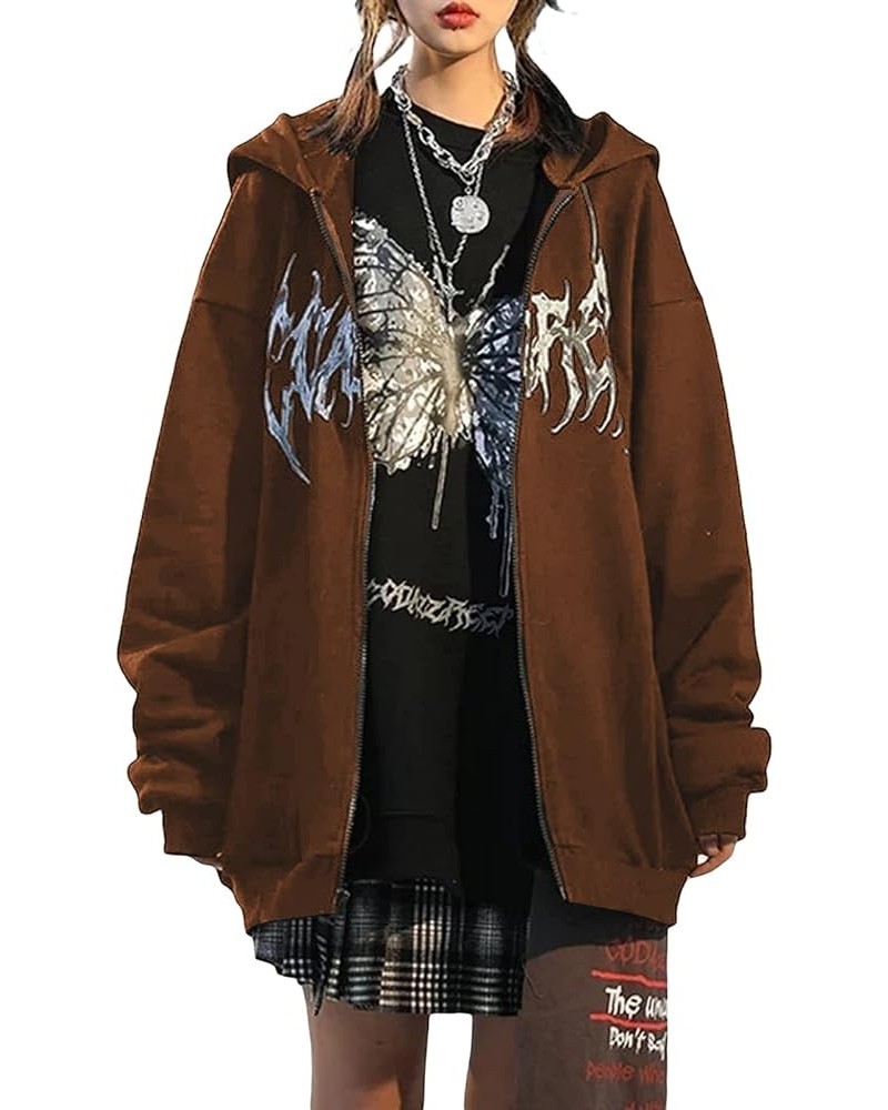 Women's Zip Up Hoodie Sweatshirt Long Sleeve Oversized Casual 90S Y2K E-Girl Streetwear Grunge Jacket with Pocket Brown-e $12...