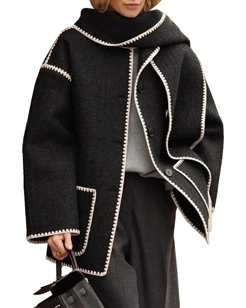 Womens Oversized Wool Blend Jacket With Scarf Button Down Shacket Overcoat Wool Coats with Pockets Black $24.76 Coats