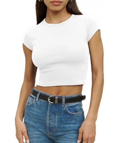 Women's Summer Short Cap Sleeve High Neck Casual Ribbed Basic Tank Crop Tops White $9.53 Tops