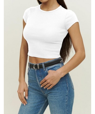 Women's Summer Short Cap Sleeve High Neck Casual Ribbed Basic Tank Crop Tops White $9.53 Tops