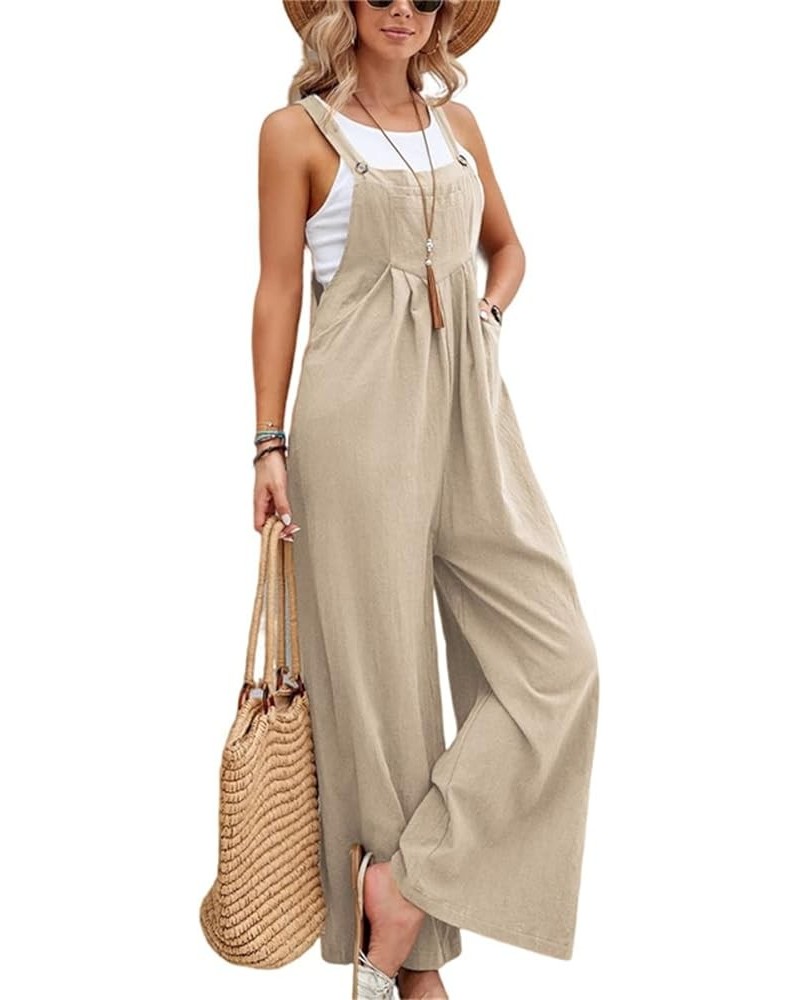 Womens Casual Sleeveless Jumpsuits Loose Baggy Solid Overalls Long Straight Pants Rompers Trendy Bottoms With Pockets C-khaki...