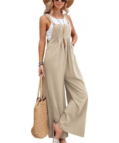 Womens Casual Sleeveless Jumpsuits Loose Baggy Solid Overalls Long Straight Pants Rompers Trendy Bottoms With Pockets C-khaki...