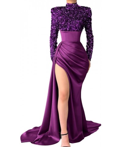 Sparkly Sequin Prom Dresses for Women Slit 2024 Long Sleeve Mermaid Satin Formal Evening Gowns Plum $43.19 Dresses