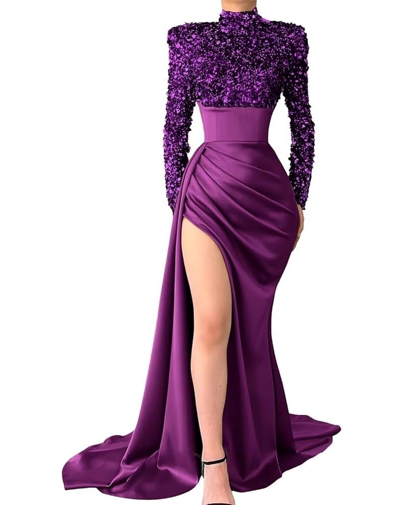 Sparkly Sequin Prom Dresses for Women Slit 2024 Long Sleeve Mermaid Satin Formal Evening Gowns Plum $43.19 Dresses