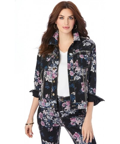 Women's Plus Size Reversible Denim Jacket Black Blooming Rose $46.98 Jackets