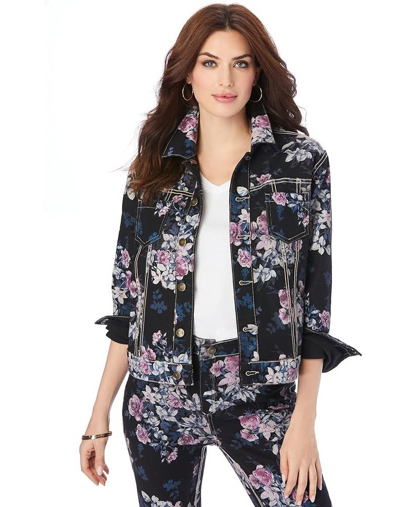 Women's Plus Size Reversible Denim Jacket Black Blooming Rose $46.98 Jackets