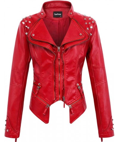 Women's Fashion Studded Perfectly Shaping Faux Leather Biker Jacket Red $35.10 Coats