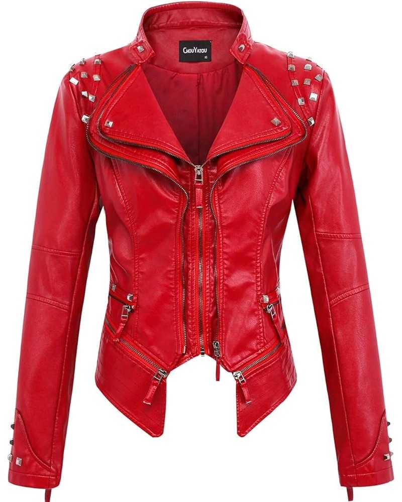 Women's Fashion Studded Perfectly Shaping Faux Leather Biker Jacket Red $35.10 Coats