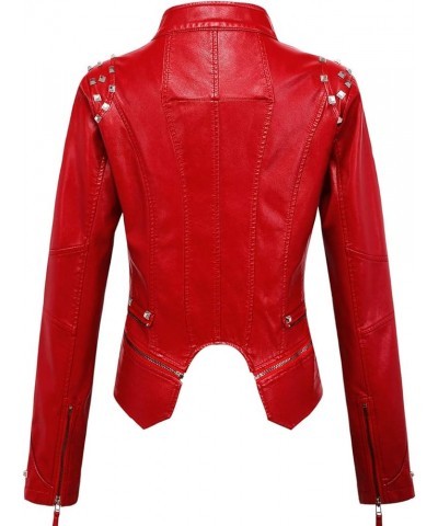 Women's Fashion Studded Perfectly Shaping Faux Leather Biker Jacket Red $35.10 Coats