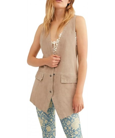 Women Suede Vest Sleeveless V-neck Waistcoat Jacket Button Cardigan Loose Outwear Gilet Tops Beige $11.25 Vests