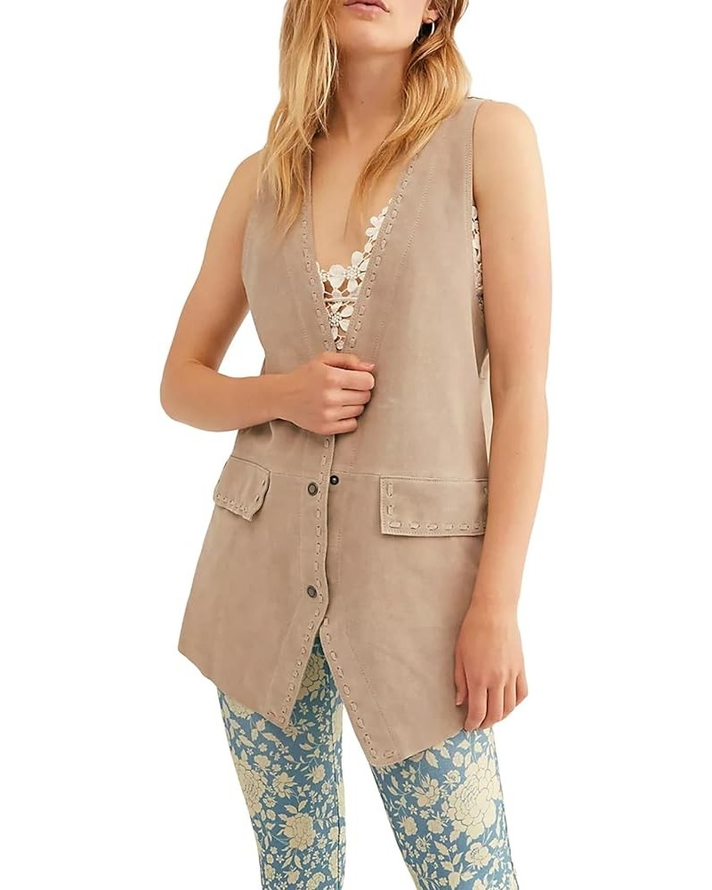 Women Suede Vest Sleeveless V-neck Waistcoat Jacket Button Cardigan Loose Outwear Gilet Tops Beige $11.25 Vests