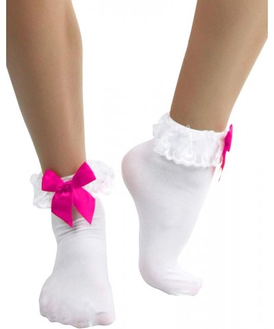 Women's Beautiful Lace Ruffle Top Opaque Anklet Socks White W/ Hot Pink Satin Bow $10.23 Socks