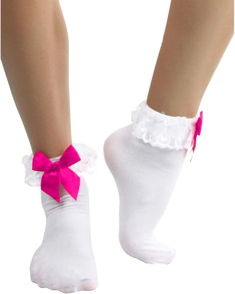 Women's Beautiful Lace Ruffle Top Opaque Anklet Socks White W/ Hot Pink Satin Bow $10.23 Socks