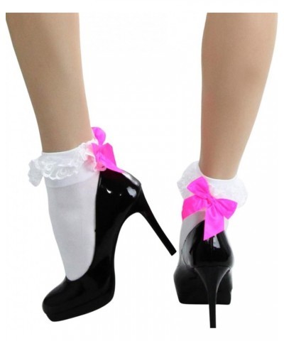 Women's Beautiful Lace Ruffle Top Opaque Anklet Socks White W/ Hot Pink Satin Bow $10.23 Socks