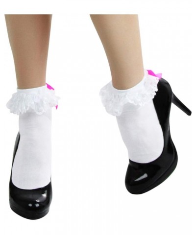 Women's Beautiful Lace Ruffle Top Opaque Anklet Socks White W/ Hot Pink Satin Bow $10.23 Socks