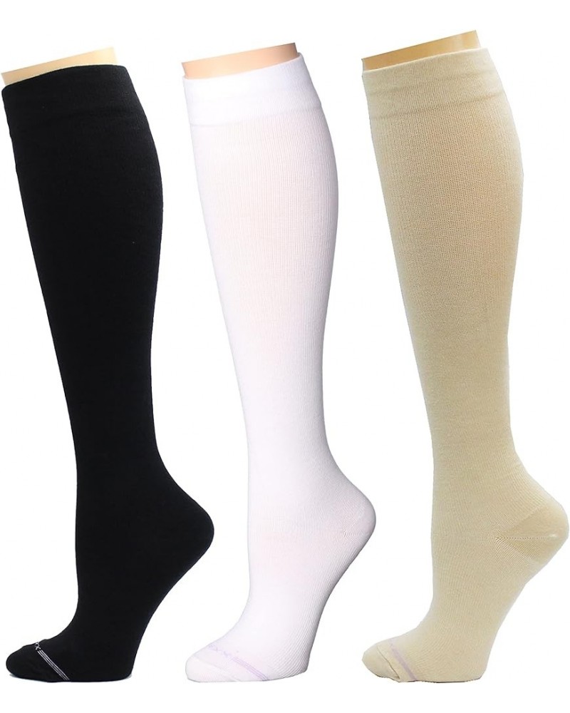 3 Pairs Women's Knee-high Therapeutic Graduated Anti-Fatigue 8-15mmHg Combed Cotton Compression Socks X Solid Black Beige Whi...