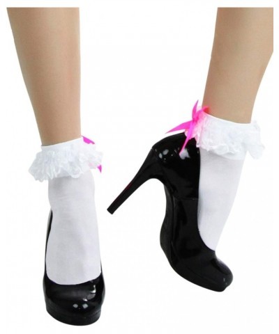 Women's Beautiful Lace Ruffle Top Opaque Anklet Socks White W/ Hot Pink Satin Bow $10.23 Socks