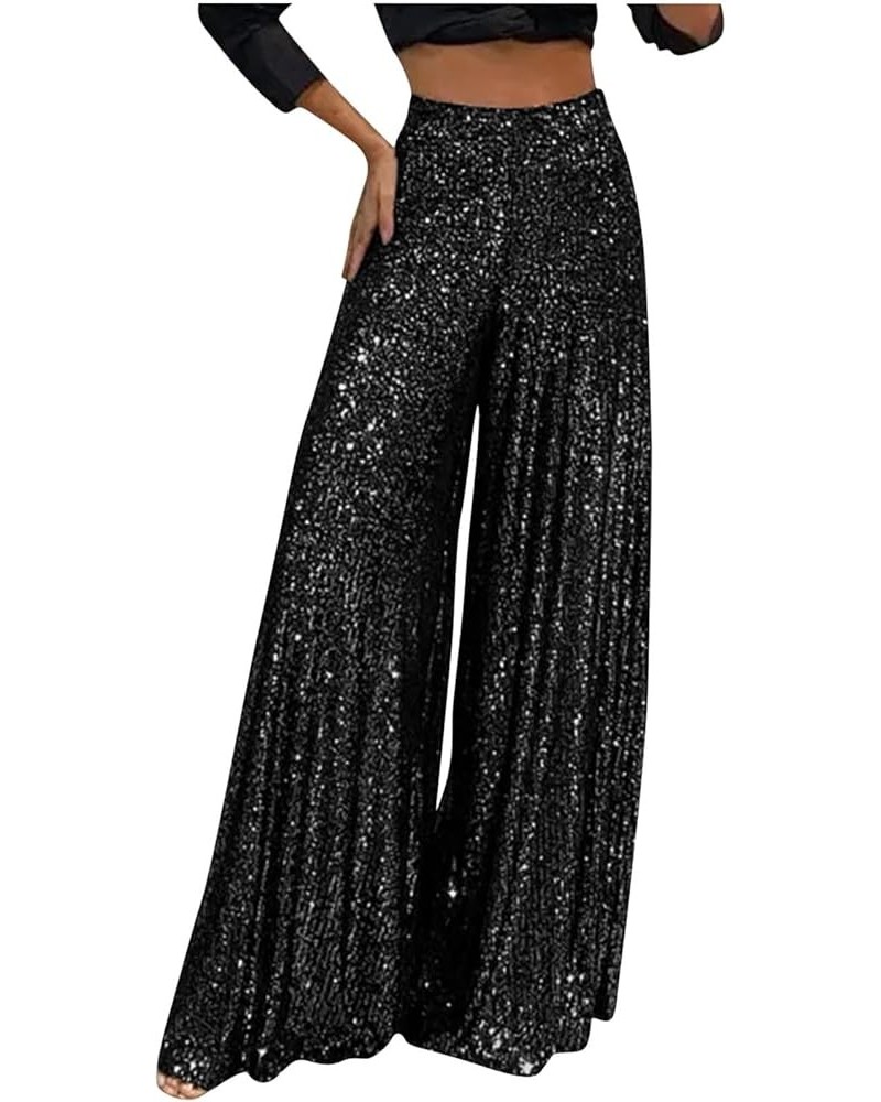 Sequin Pants for Women High Waisted Wide Leg Sparkle Sequin Bling Bell Bottom Trousers Baggy Pants Night Out Clubwear Black $...