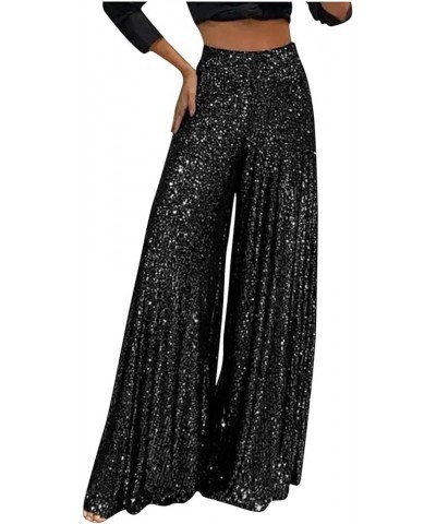 Sequin Pants for Women High Waisted Wide Leg Sparkle Sequin Bling Bell Bottom Trousers Baggy Pants Night Out Clubwear Black $...