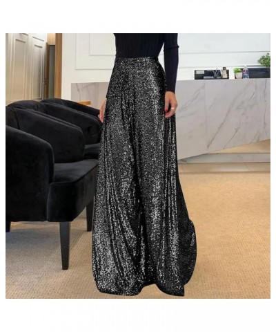 Sequin Pants for Women High Waisted Wide Leg Sparkle Sequin Bling Bell Bottom Trousers Baggy Pants Night Out Clubwear Black $...