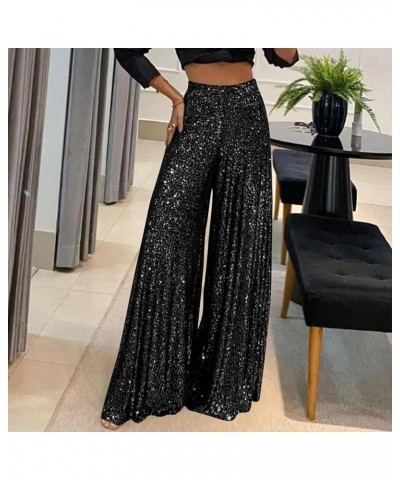 Sequin Pants for Women High Waisted Wide Leg Sparkle Sequin Bling Bell Bottom Trousers Baggy Pants Night Out Clubwear Black $...