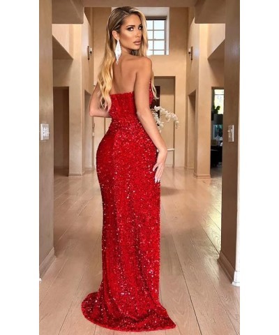 KNCERY Sequin Prom Dresses V Neck Evening Gown Long with Slit Strapless Formal Dresses for Women Navy Blue $41.24 Dresses