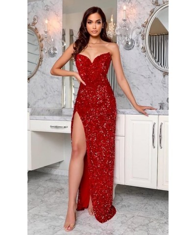 KNCERY Sequin Prom Dresses V Neck Evening Gown Long with Slit Strapless Formal Dresses for Women Navy Blue $41.24 Dresses