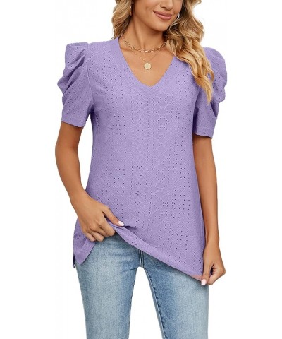 Women's Tops Puff Sleeve T Shirts Eyelet Dressy Casual V Neck Solid Color Tops Blouse Purple $13.44 Others