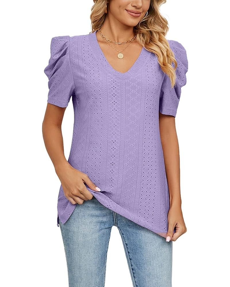 Women's Tops Puff Sleeve T Shirts Eyelet Dressy Casual V Neck Solid Color Tops Blouse Purple $13.44 Others