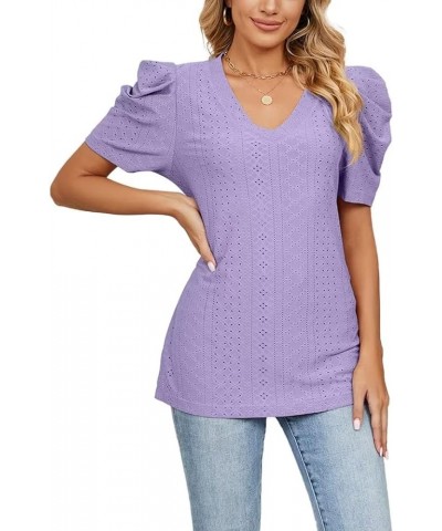 Women's Tops Puff Sleeve T Shirts Eyelet Dressy Casual V Neck Solid Color Tops Blouse Purple $13.44 Others