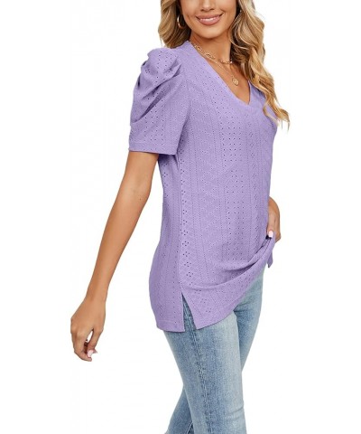 Women's Tops Puff Sleeve T Shirts Eyelet Dressy Casual V Neck Solid Color Tops Blouse Purple $13.44 Others